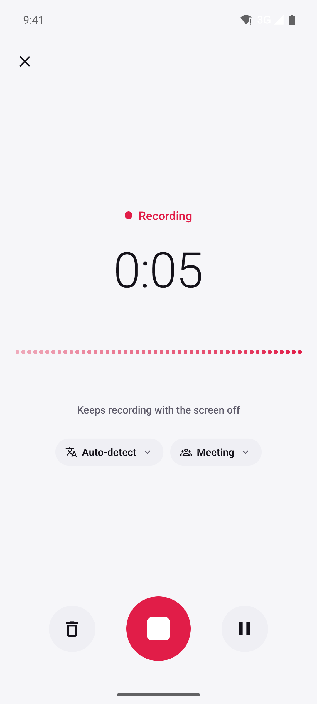 Recording screen with a running timer and pause and stop buttons