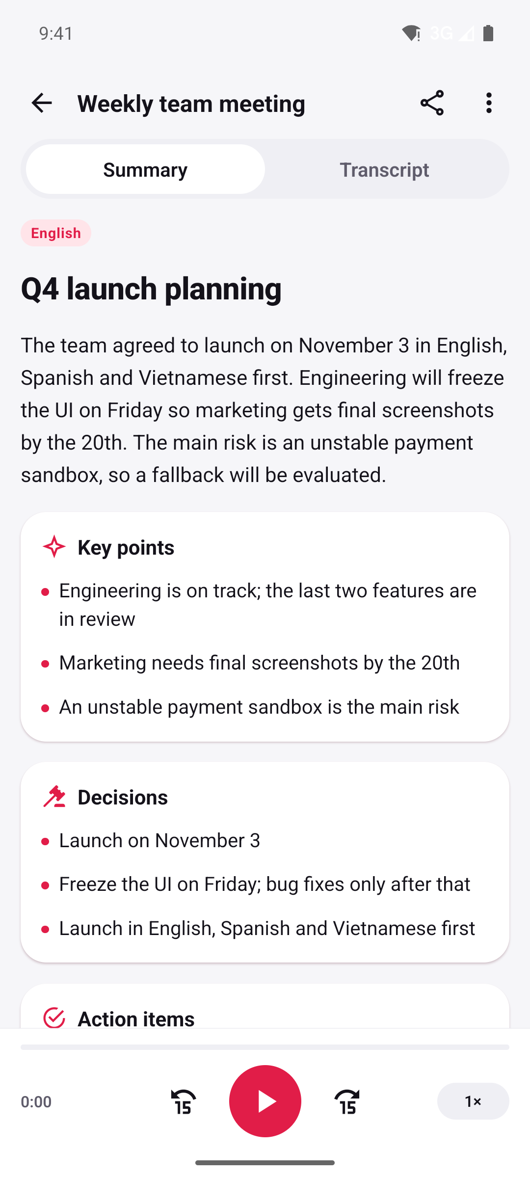 Summary screen with key points and action items